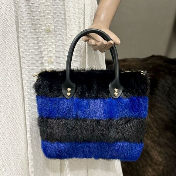 Striped Colorblock Handmade Real Mink Fur Mini Tote, Top Handle Bag, Crossbody - Picture 6 of 16